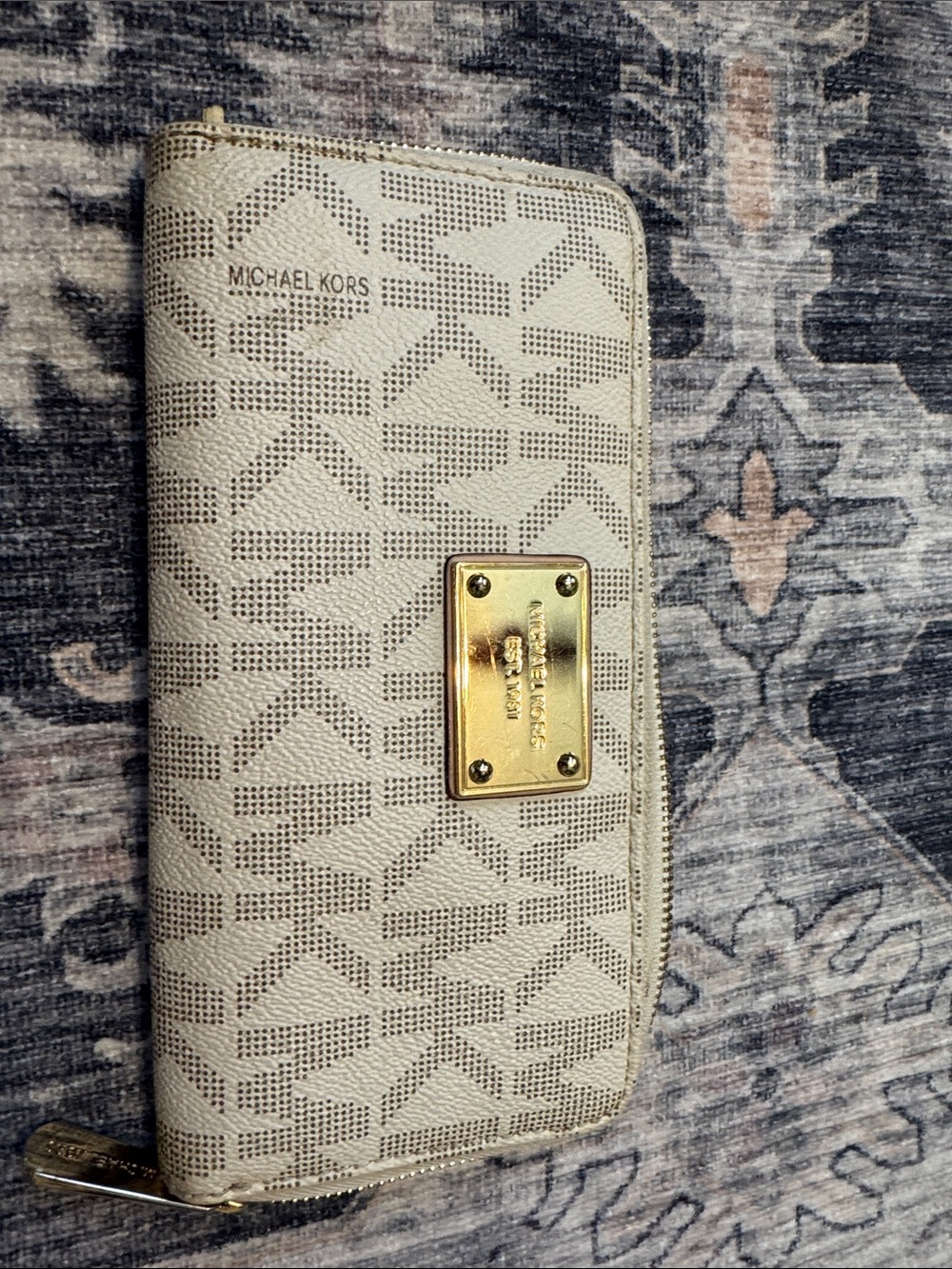 Michael Kors Cream Logo Pattern Zip Wallet with Gold Plate